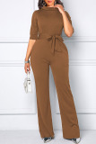 Black Casual Solid Patchwork With Belt Half A Turtleneck Straight Jumpsuits