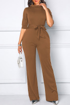 Brown Casual Solid Split Joint With Belt Half A Turtleneck Straight Jumpsuits