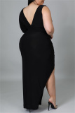 Black Fashion Casual Solid Hollowed Out Slit V Neck Long Sleeve Plus Size Dresses