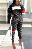 Black Fashion Casual Patchwork Printing O Neck Long Sleeve Two Pieces