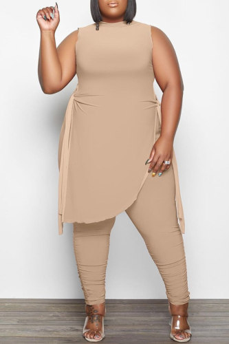 Khaki Fashion Casual Solid Bandage O Neck Plus Size Two Pieces