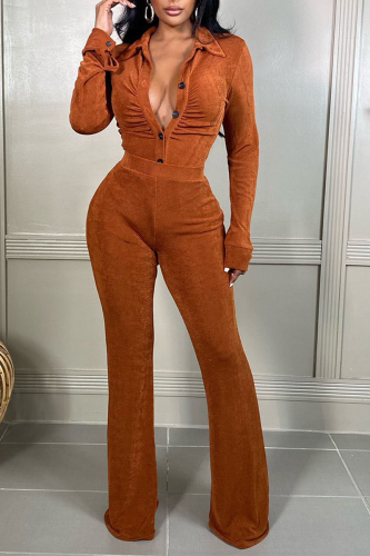 Tangerine Red Sexy Solid Patchwork Turndown Collar Long Sleeve Two Pieces