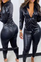 Black Sexy Solid Split Joint Buckle Turndown Collar Long Sleeve Two Pieces
