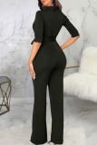 Brown Casual Solid Patchwork With Belt Half A Turtleneck Straight Jumpsuits