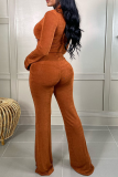 Tangerine Red Sexy Solid Patchwork Turndown Collar Long Sleeve Two Pieces