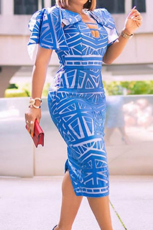 Blue Casual Print Bandage Split Joint Slit Asymmetrical Collar One Step Skirt Dresses