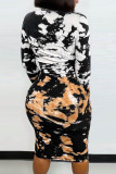 Black Sexy Print Split Joint O Neck Pencil Skirt Dresses