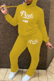 Yellow Casual Letter Print Patchwork Fold Hooded Collar Long Sleeve Two Pieces