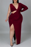 Burgundy Fashion Casual Solid Hollowed Out Slit V Neck Long Sleeve Plus Size Dresses