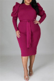 Burgundy Fashion Casual Solid With Belt O Neck Long Sleeve Plus Size Dresses