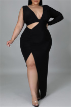 Black Fashion Casual Solid Hollowed Out Slit V Neck Long Sleeve Plus Size Dresses