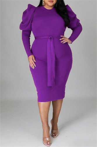 Purple Fashion Casual Solid With Belt O Neck Long Sleeve Plus Size Dresses