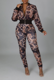 Brown Sexy Print Patchwork Zipper Collar Long Sleeve Two Pieces