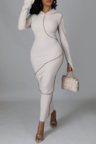 Cream White Casual Solid Patchwork Hooded Collar Pencil Skirt Dresses