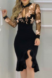 Black Red Fashion Sexy Patchwork Hollowed Out See-through O Neck Long Sleeve Dresses