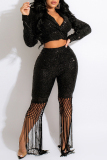 Black Fashion Patchwork Tassel Sequins Turndown Collar Long Sleeve Two Pieces