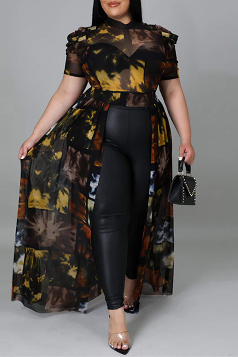 

Black Fashion Casual Plus Size Print See-through Half A Turtleneck Short Sleeve Dress