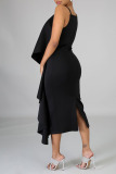 Black Sexy Solid Patchwork Flounce Slit V Neck Irregular Dress Dresses