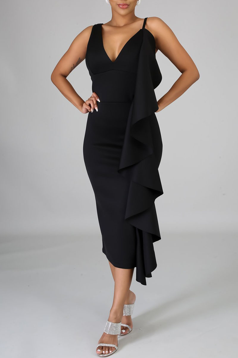 

Black Sexy Solid Patchwork Flounce Slit V Neck Irregular Dress Dresses