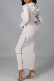 Cream White Casual Solid Patchwork Hooded Collar Pencil Skirt Dresses