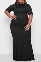 Black Casual Solid Patchwork Fold Half A Turtleneck Plus Size Two Pieces