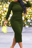 Green Casual Elegant Solid Patchwork Slit Fold O Neck One Step Skirt Dresses
