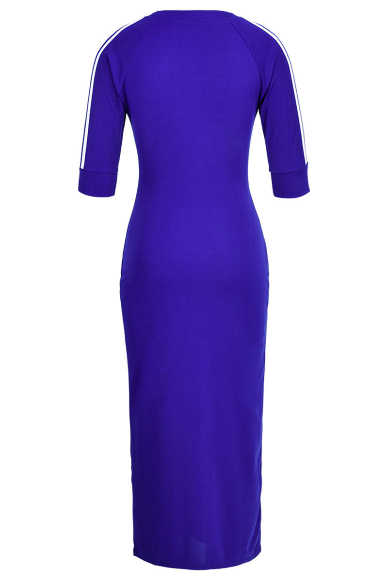 Blue Round Neck Yarn-dyed Dress