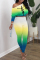 Green Yellow Fashion Casual Gradual Change Print Basic Oblique Collar Long Sleeve Two Pieces