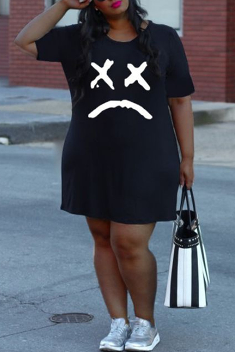 

Black Fashion Casual Print Basic O Neck Plus Size Dresses