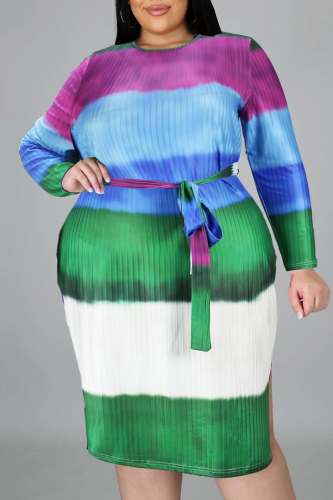 Purple Green Fashion Casual Print Slit With Belt O Neck Long Sleeve Plus Size Dresses