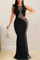 Black Sexy Solid Split Joint See-through Hot Drill O Neck Straight Dresses