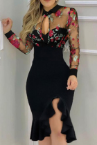 Black Red Fashion Sexy Patchwork Hollowed Out See-through O Neck Long Sleeve Dresses