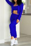 Blue Casual Sportswear Solid Cardigan Vests Pants Long Sleeve Three-piece Set