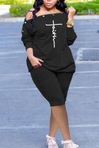 Black Casual Print Patchwork Buttons Fold Oblique Collar Long Sleeve Two Pieces