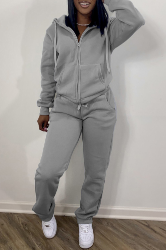 Grey Fashion Casual Solid Basic Hooded Collar Long Sleeve Two Pieces