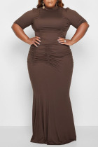 Coffee Casual Solid Patchwork Fold Half A Turtleneck Plus Size Two Pieces
