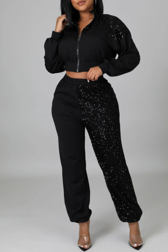 Black Fashion Casual Patchwork Sequins Zipper Collar Long Sleeve Two Pieces