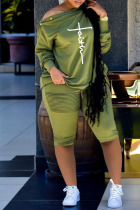Green Casual Print Patchwork Buttons Fold Oblique Collar Long Sleeve Two Pieces
