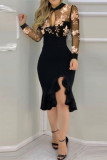 Black Fashion Sexy Patchwork Hollowed Out See-through O Neck Long Sleeve Dresses