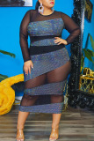 Purple Sexy Solid Patchwork See-through O Neck One Step Skirt Plus Size Dresses
