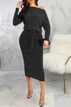 Black Casual Solid Patchwork Off the Shoulder Waist Skirt Dresses