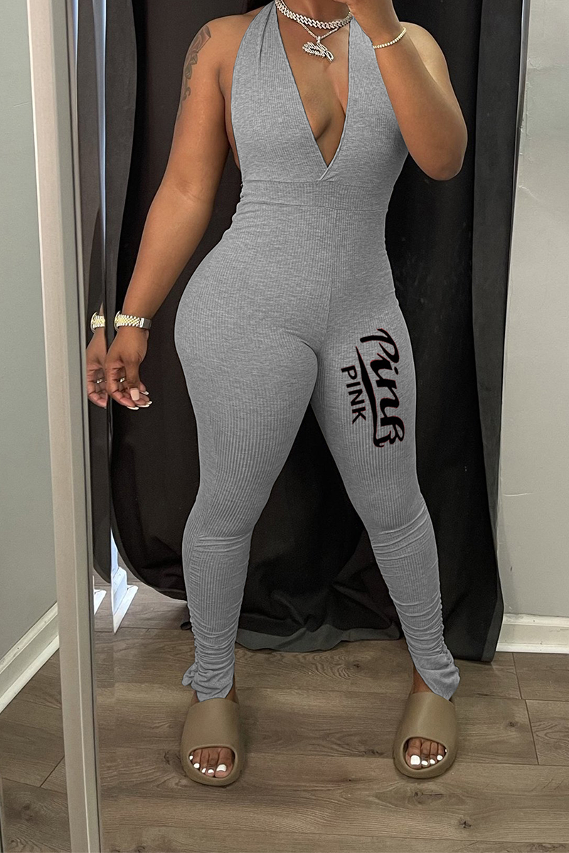 

Grey Sexy Print Split Joint V Neck Skinny Jumpsuits