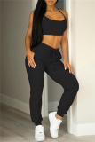 Black Casual Sportswear Solid Cardigan Vests Pants Long Sleeve Three-piece Set