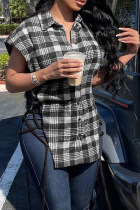 Black Casual Plaid Patchwork Turndown Collar Tops