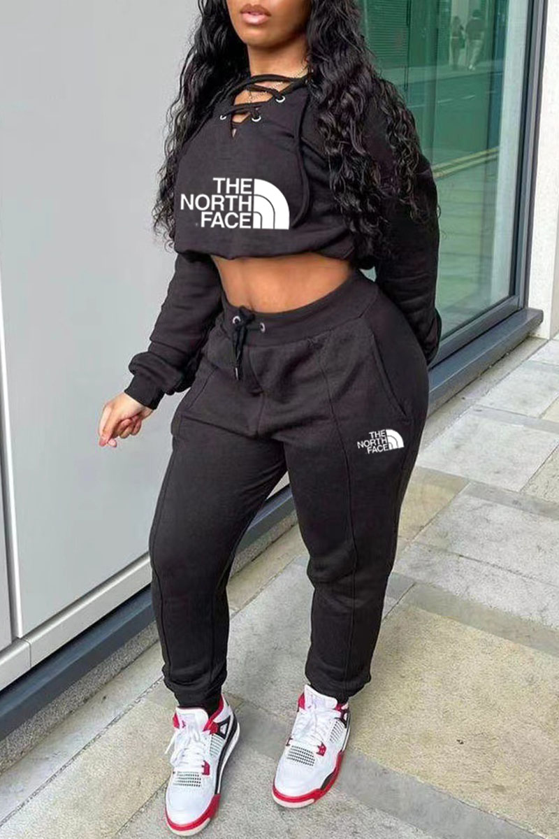 

Black Fashion Casual Print Letter V Neck Long Sleeve Two Pieces