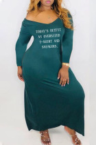 Green Casual Print Split Joint V Neck Long Sleeve Dresses