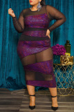 Purple Sexy Solid Patchwork See-through O Neck One Step Skirt Plus Size Dresses
