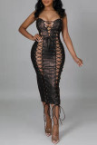 Black Fashion Sexy Solid Bandage Hollowed Out Backless Square Collar Sling Dress
