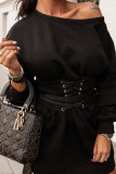 Black Casual Solid Split Joint Frenulum Asymmetrical O Neck Irregular Dress Dresses