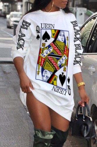 White Fashion Casual Print Basic O Neck Long Sleeve Dresses